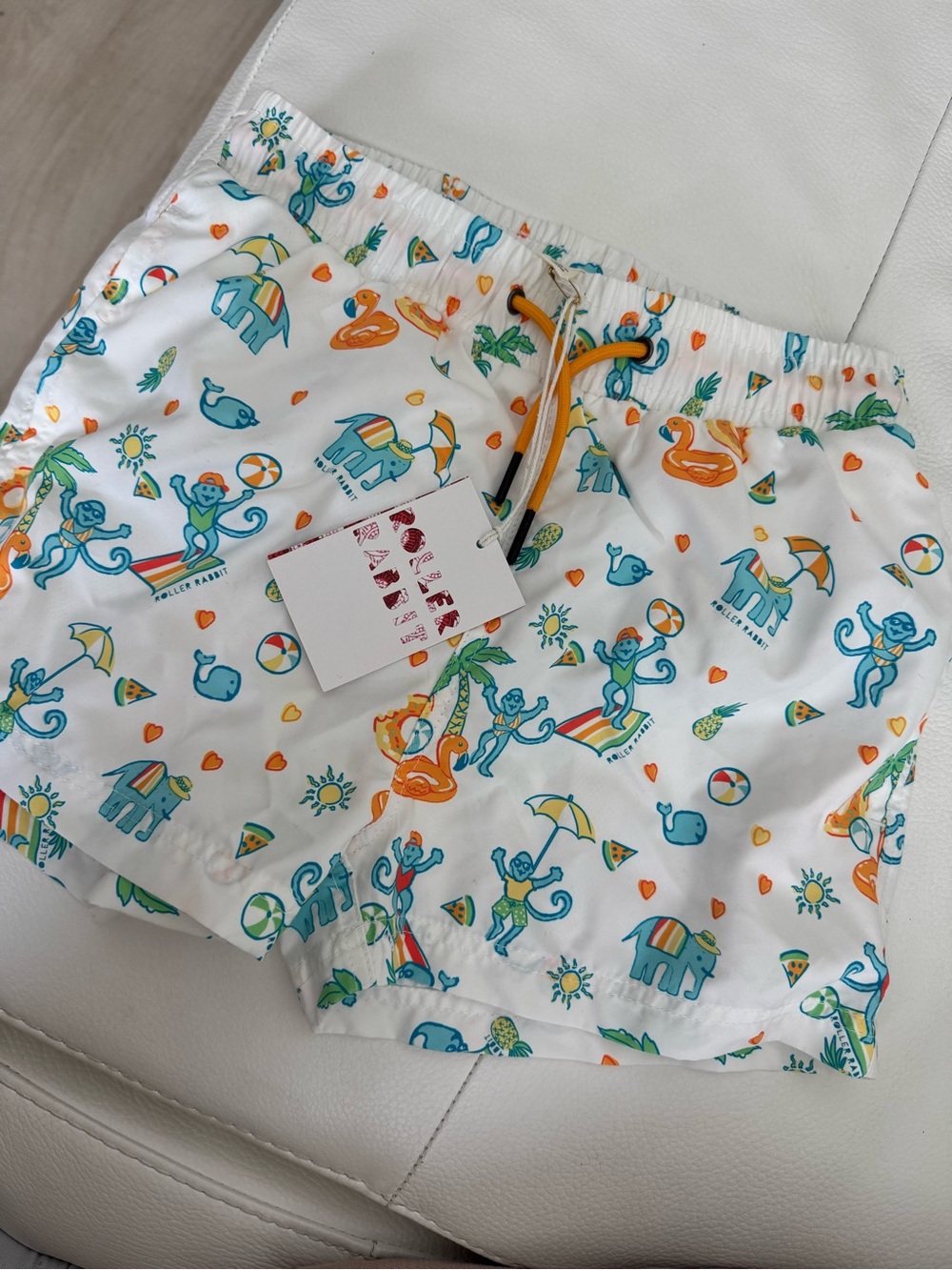 Roller Rabbit Kids' White Swim Shorts with Colorful Beach Animal Print size 10